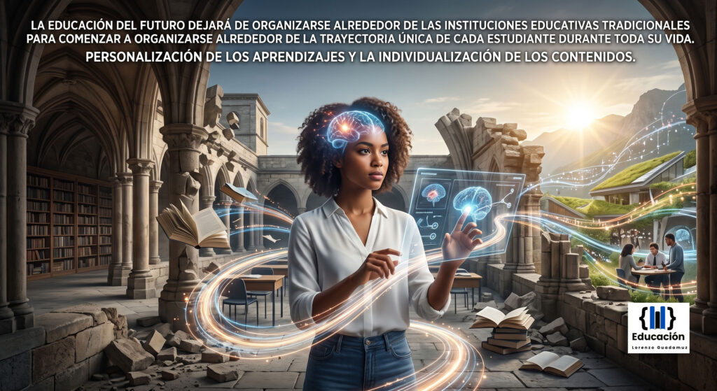 LA EDUCACIÓN DEL FUTURO DEJARÁ DE ORGANIZARSE ALREDEDOR DE LAS INSTITUCIONES EDUCATIVAS TRADICIONALES PARA COMENZAR A ORGANIZARSE ALREDEDOR DE LA TRAYECTORIA ÚNICA DE CADA ESTUDIANTE DURANTE TODA SU VIDA. PERSONALIZACIÓN DE LOS APRENDIZAJES Y LA INDIVIDUALIZACIÓN DE LOS CONTENIDOS .